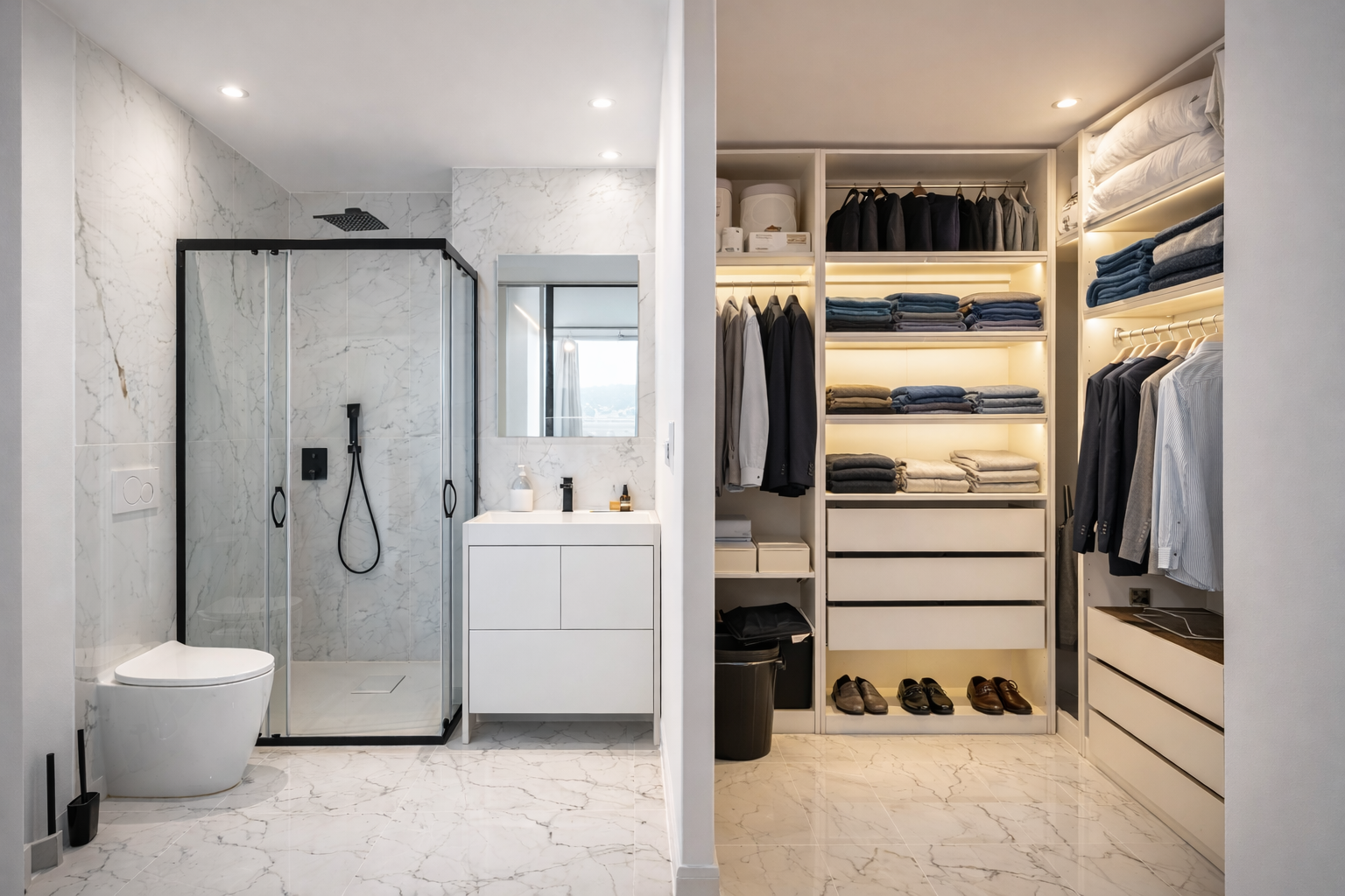 En-suite Badezimmer mit begehbarem Kleiderschrank