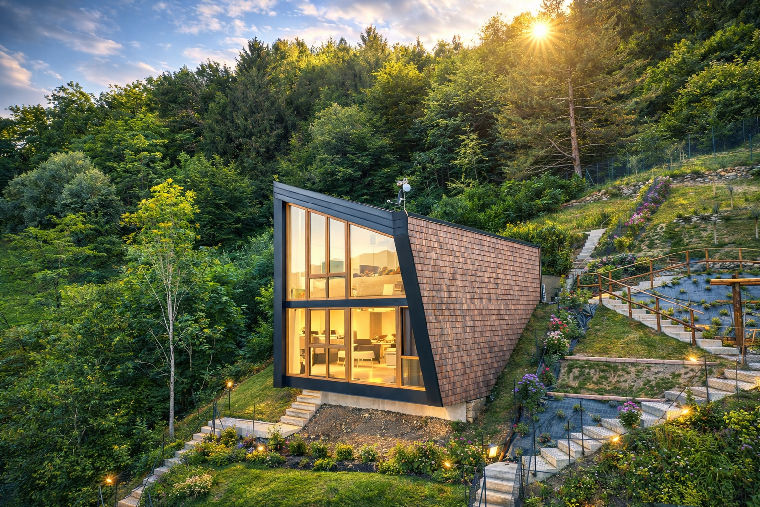 Villa Visione — Frontansicht bei Abenddämmerung