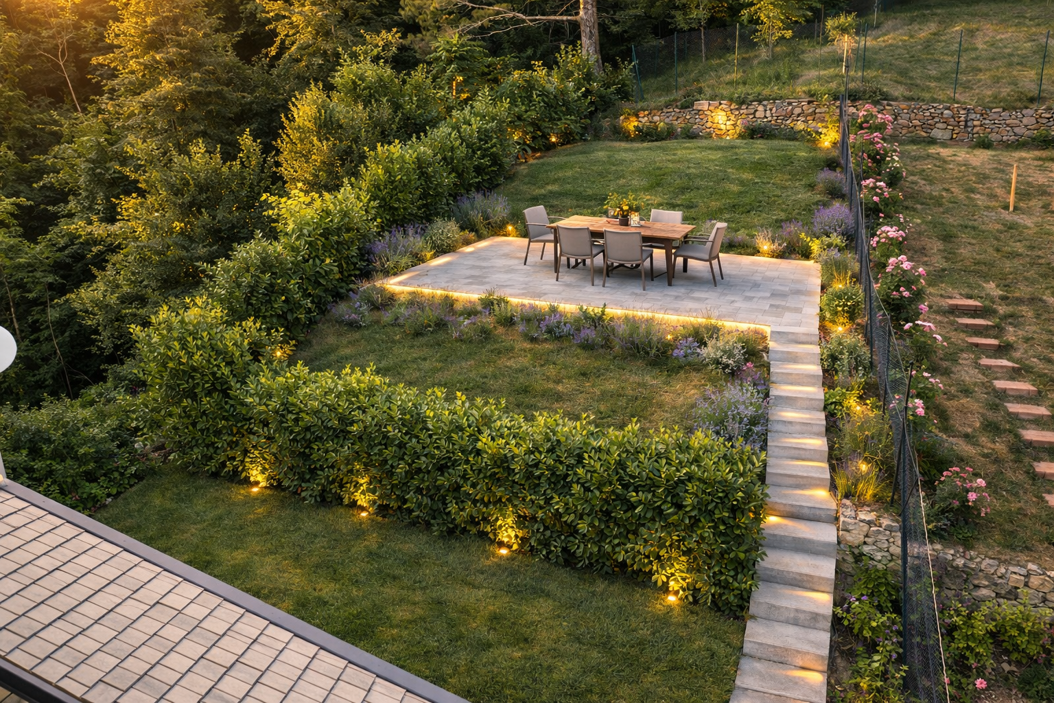 Privatgarten mit Aussenbeleuchtung und Sitzmöbeln