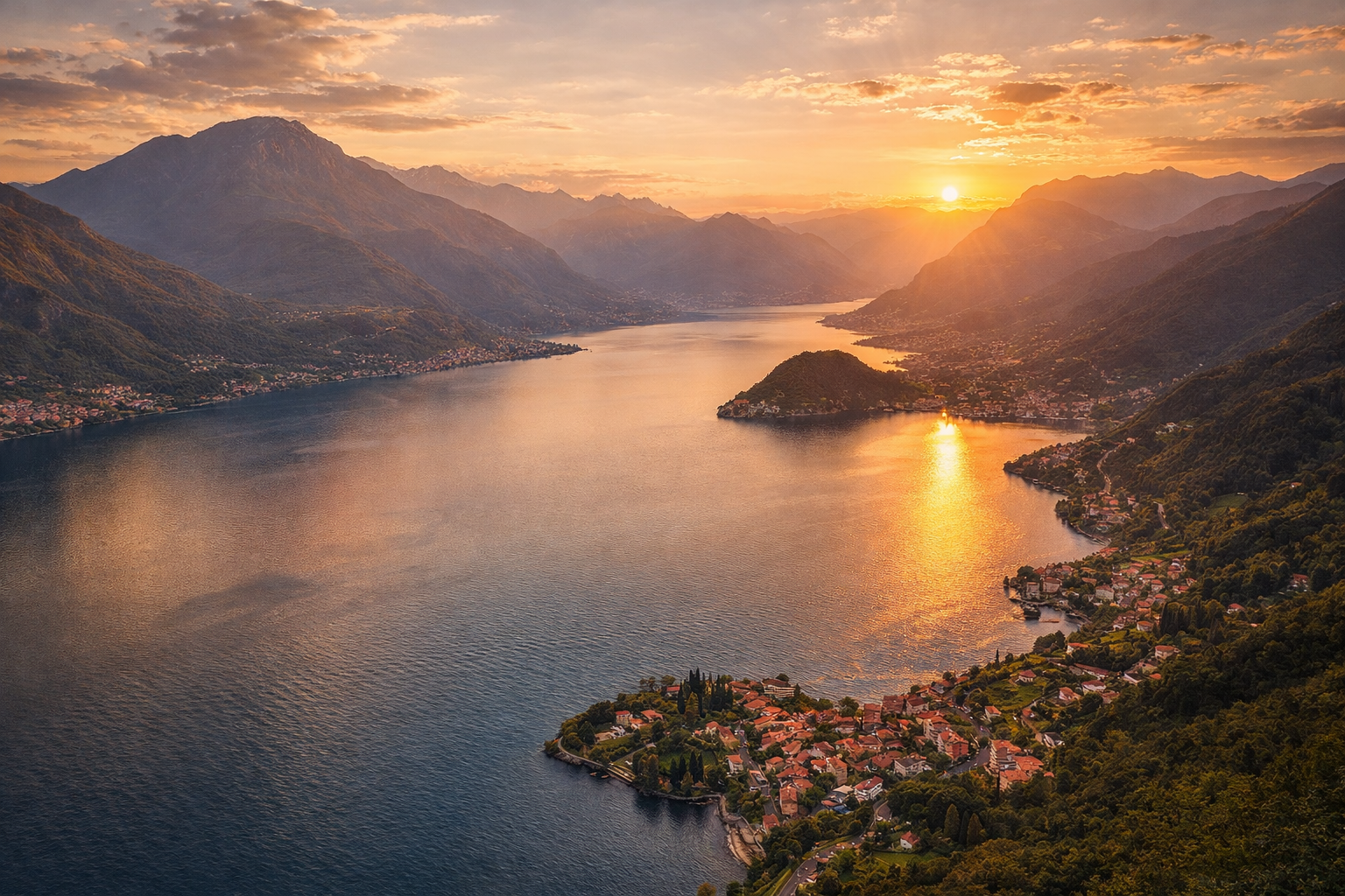 Lago di Como Panorama bei Sonnenuntergang