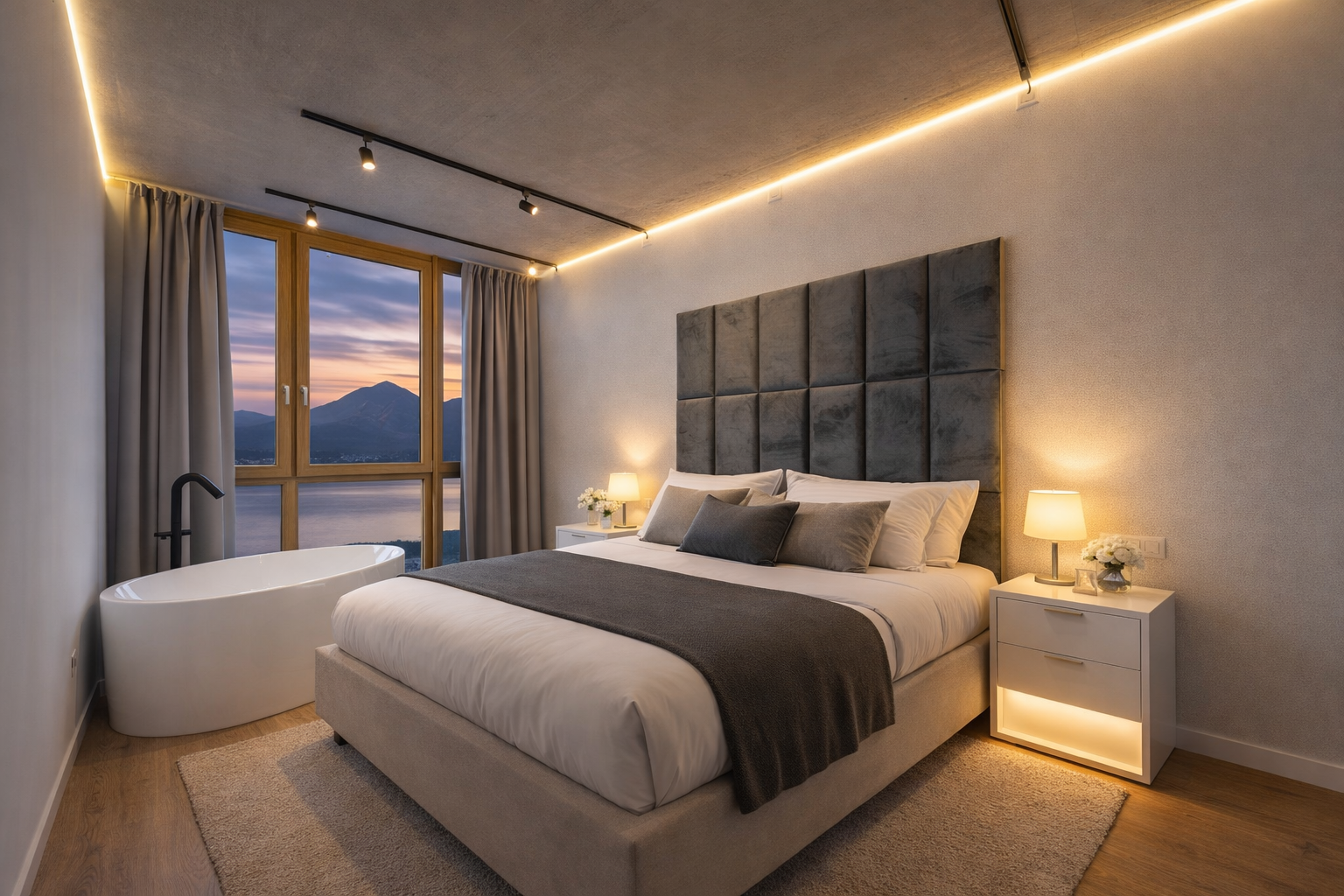 Master-Suite mit freistehender Wanne und Seeblick