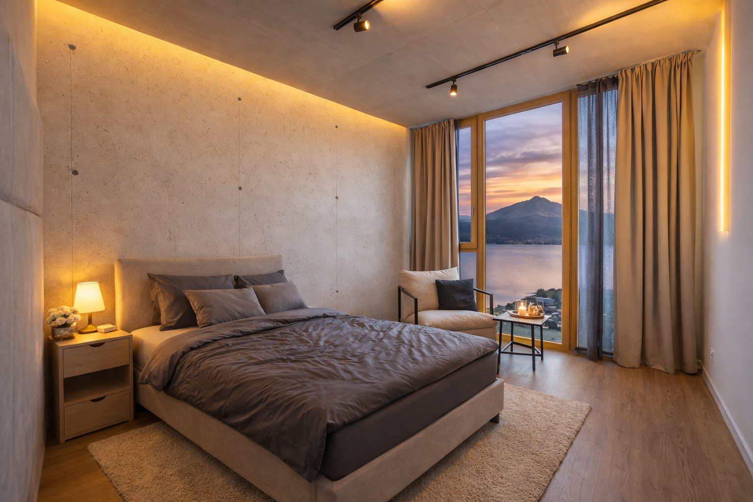 Schlafzimmer 2 mit Seeblick bei Dämmerung