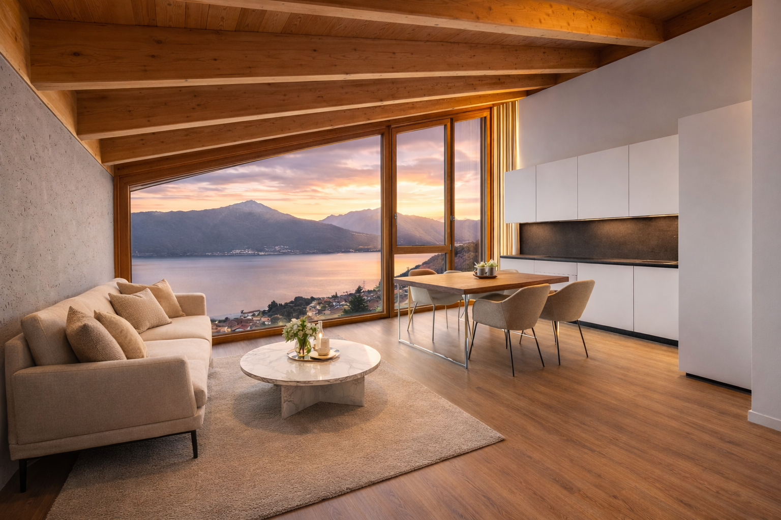 Wohnbereich mit Panoramafenstern und Seeblick
